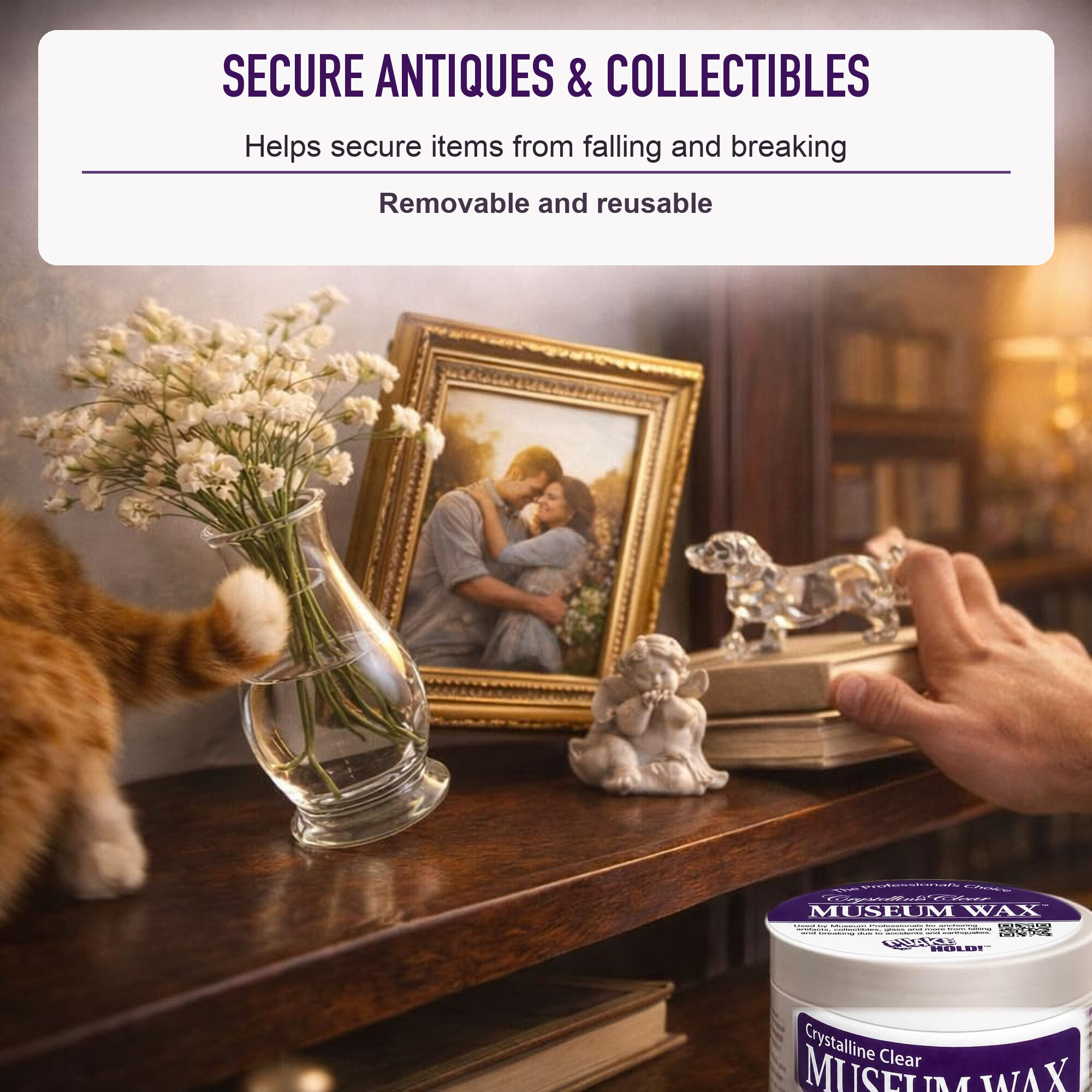 Museum Wax 4 oz with tabletop antiques and collectibles; removable and reusable.