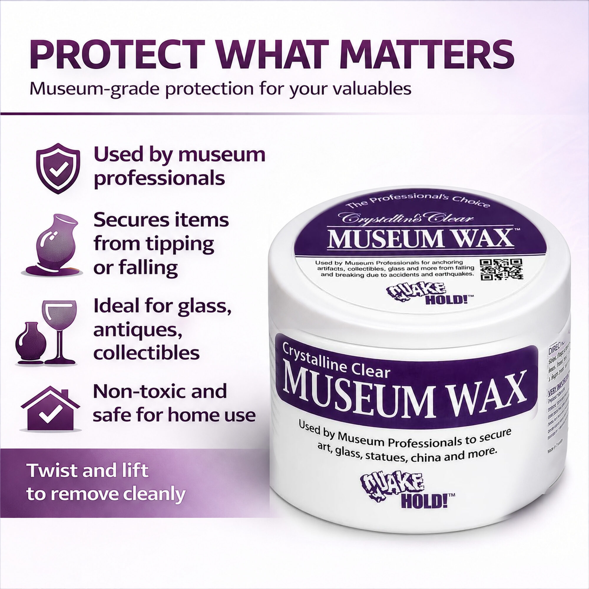 QuakeHold! Crystalline Clear Museum Wax 4 oz jar with the corrected full label.