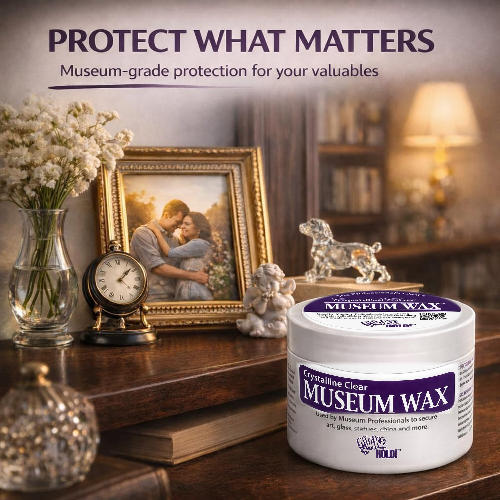 QuakeHold Museum Wax 4 oz beside framed photos and tabletop collectibles.