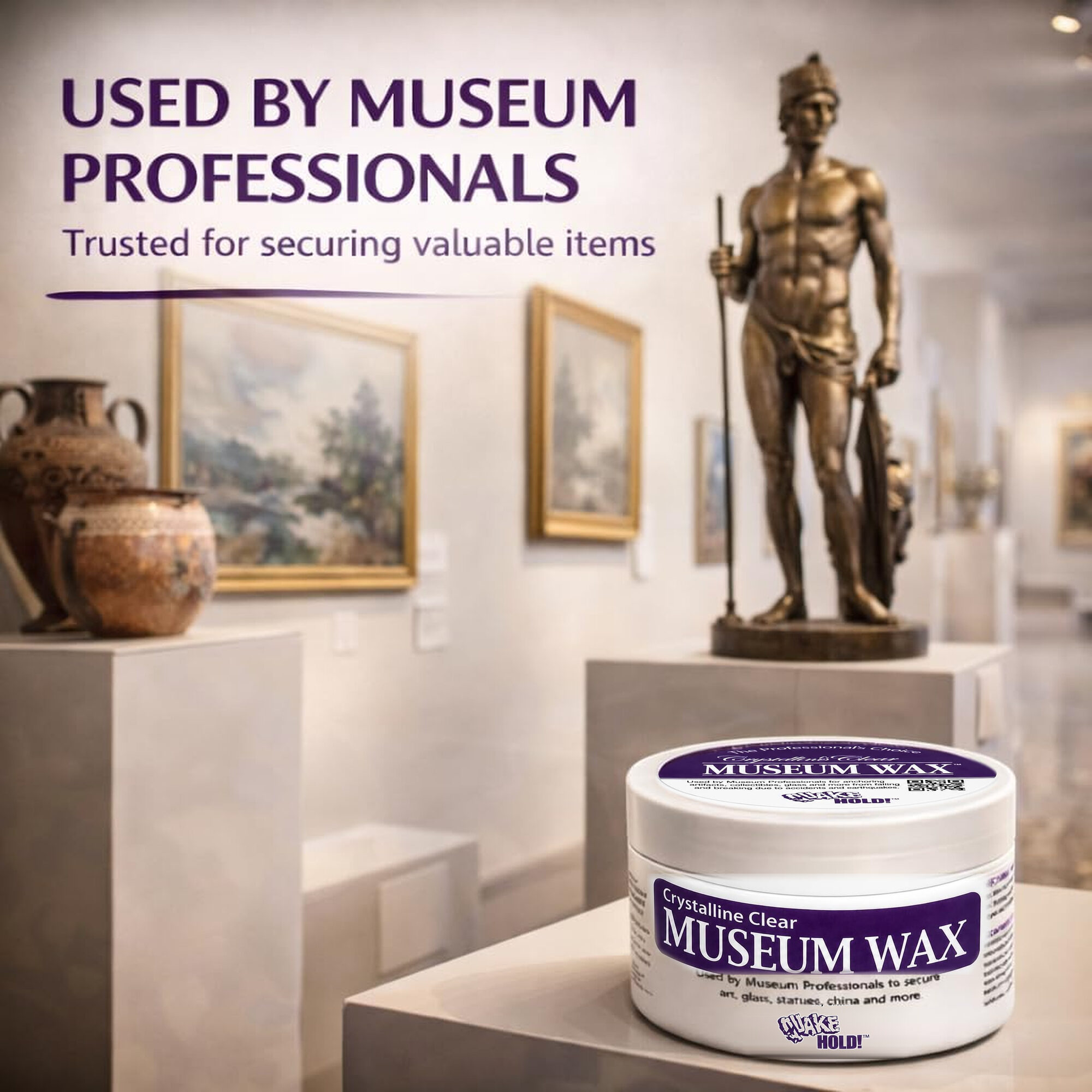 Museum Wax 4 oz displayed with artwork and sculptures in a museum setting.
