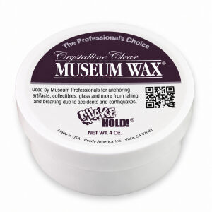 QuakeHold! Crystalline Clear Museum Wax 4 oz, plain-sided jar with labeled lid.