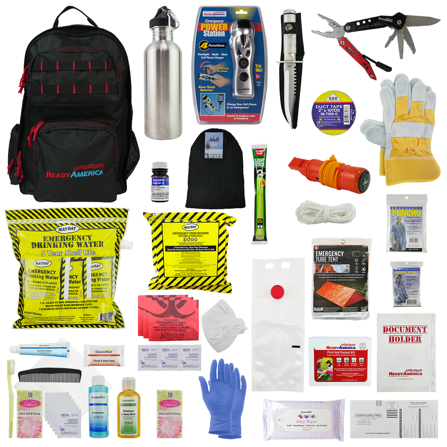 1 Person Elite Survival Kit w/ Multi-Pocket Hikers Backpack