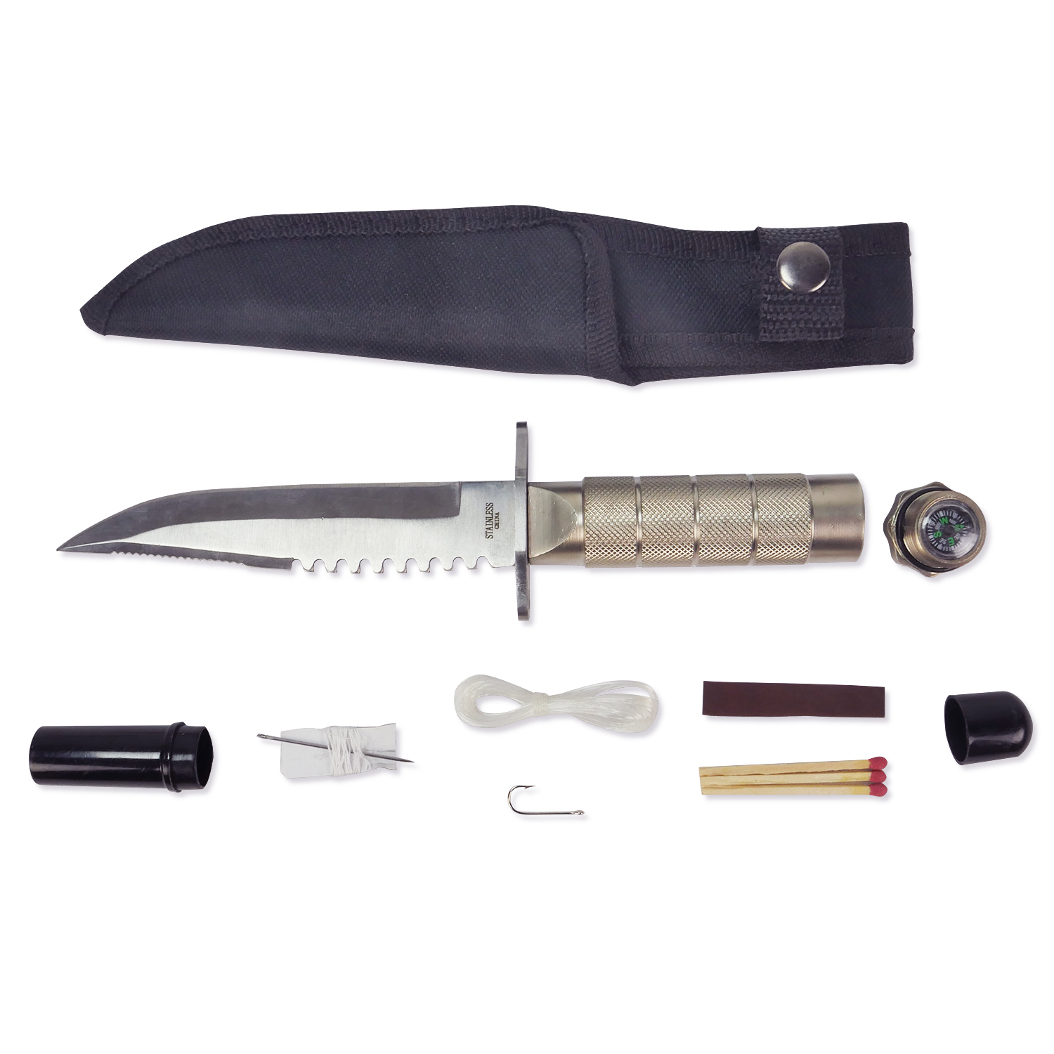 Details about   8" Survival/Hunting Knife Sewing Kit/Fishing Line/Hook/Compass/Matches/Flint 